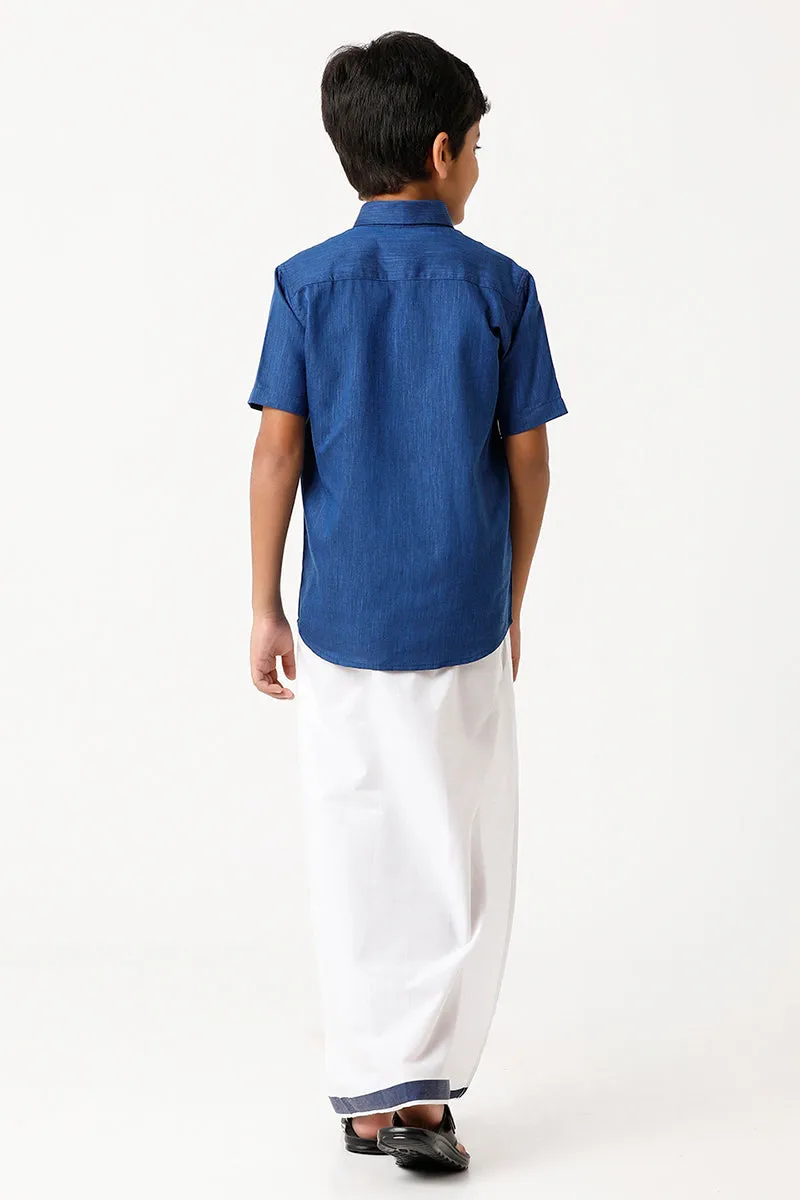 Varna - Navy Blue Matching Fixit Dhoti and Shirt 2 in 1 Set For Kids | Uathayam