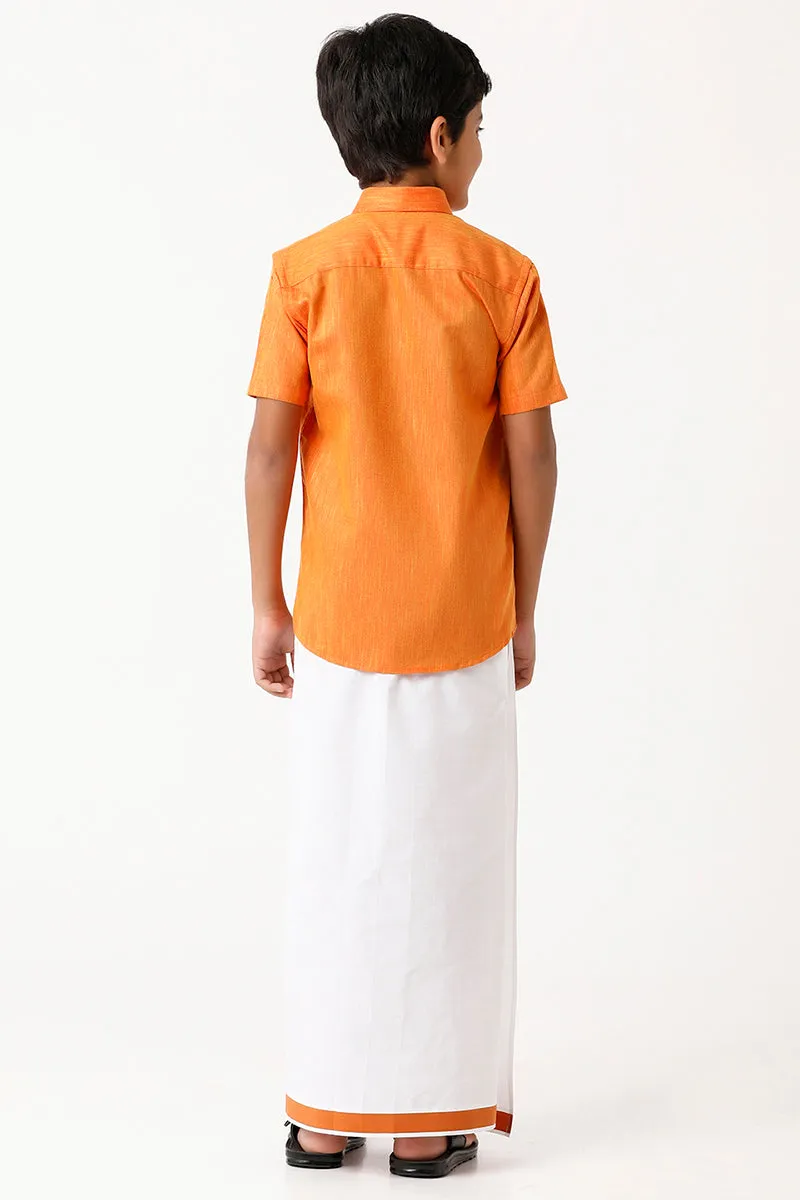 Varna - Orange Matching Fixit Dhoti and Shirt 2 in 1 Set For Kids | Uathayam