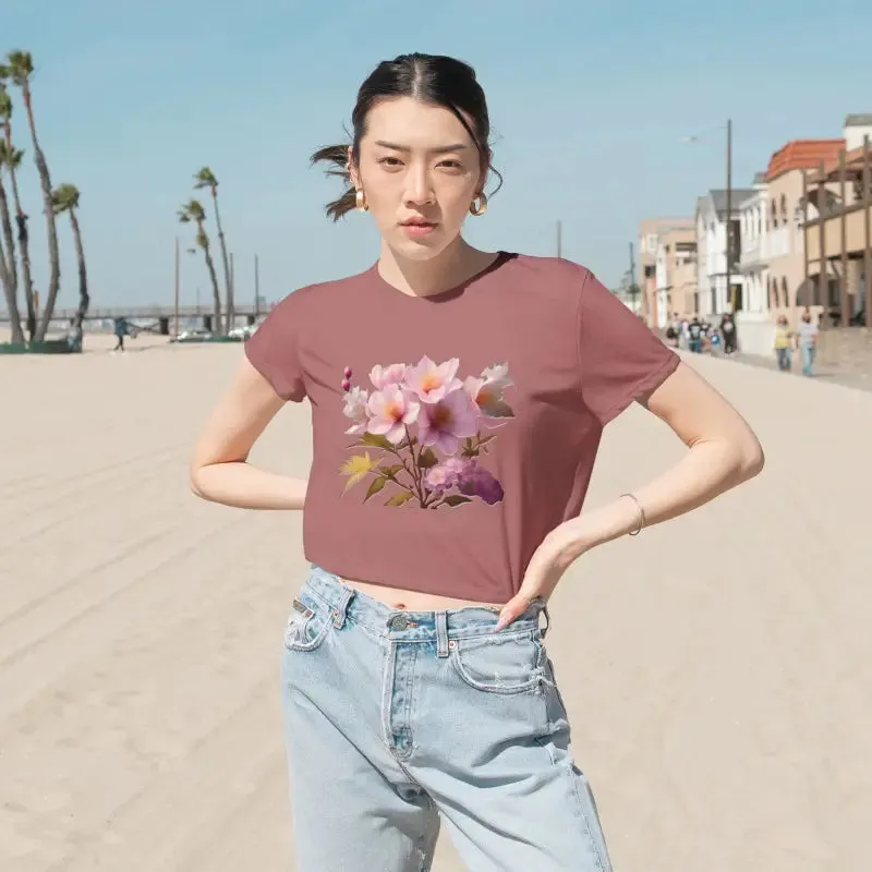 Vibrant Pink Flowers Flowy Cropped Tee