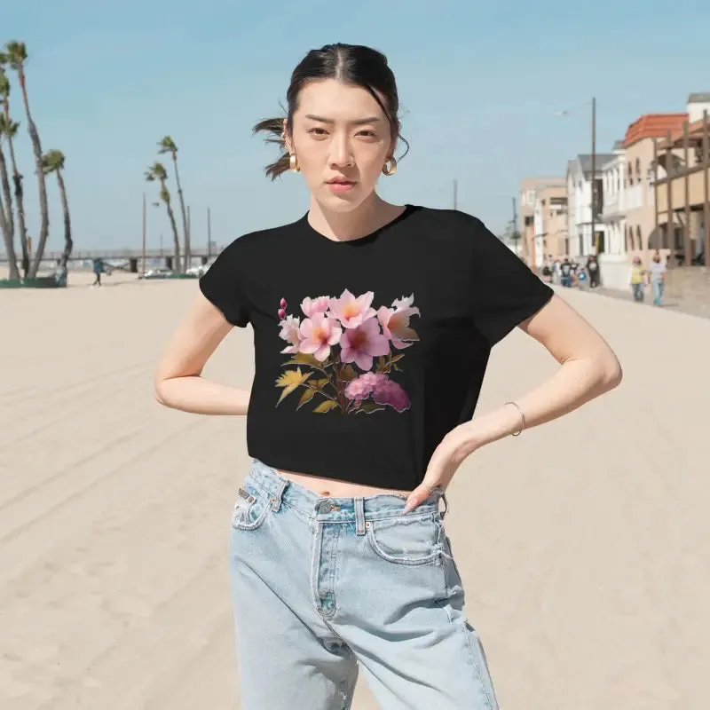 Vibrant Pink Flowers Flowy Cropped Tee