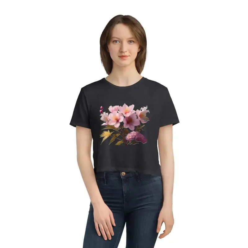 Vibrant Pink Flowers Flowy Cropped Tee