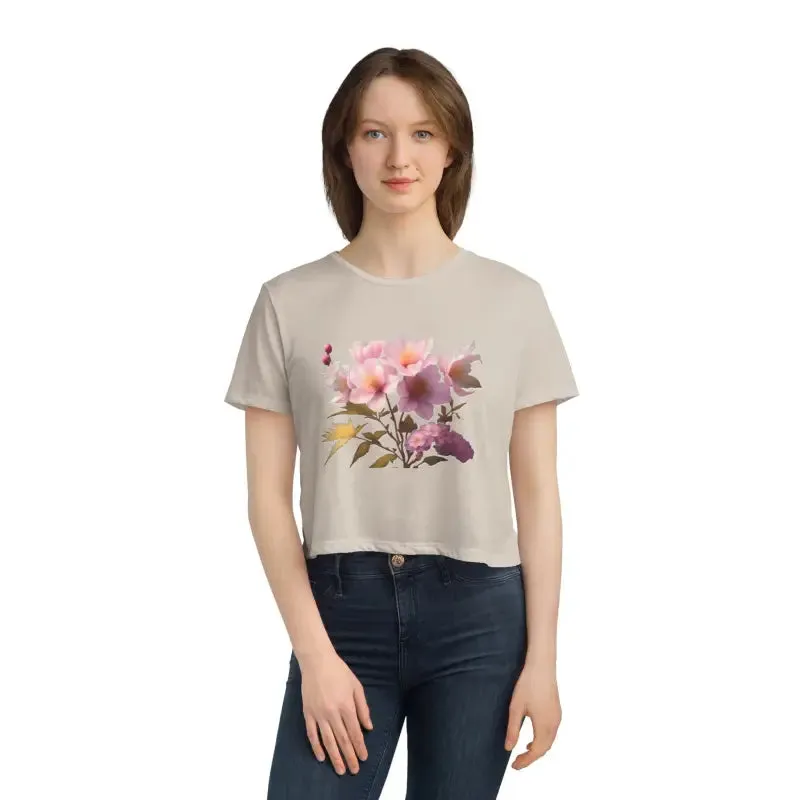 Vibrant Pink Flowers Flowy Cropped Tee