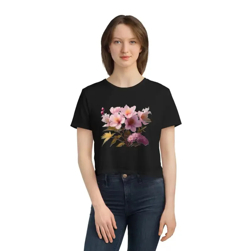 Vibrant Pink Flowers Flowy Cropped Tee