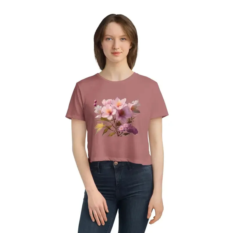 Vibrant Pink Flowers Flowy Cropped Tee