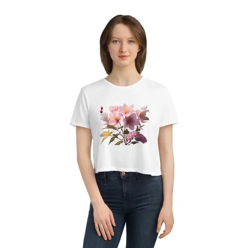 Vibrant Pink Flowers Flowy Cropped Tee