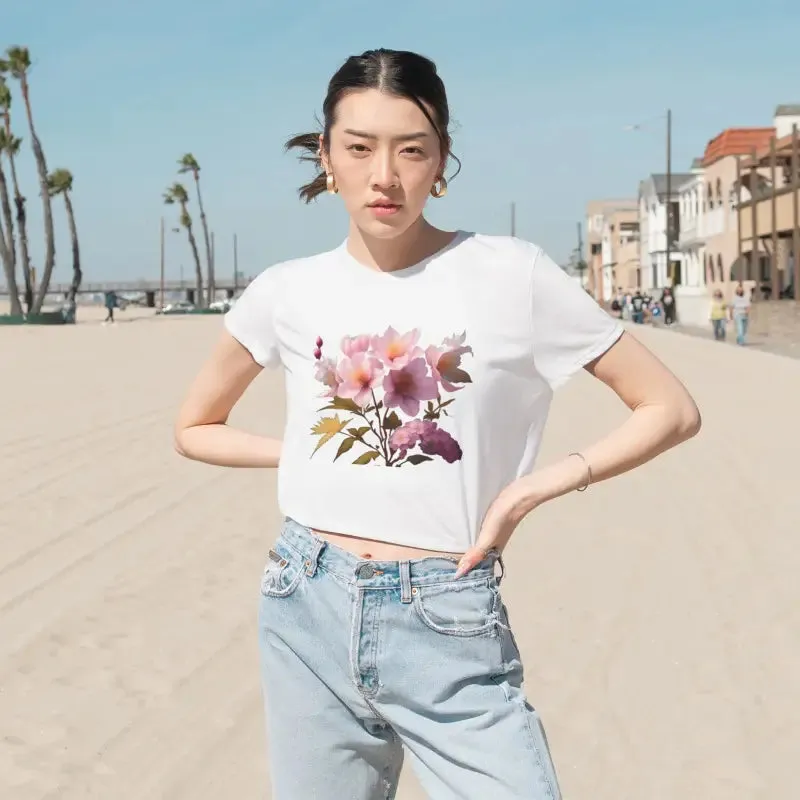 Vibrant Pink Flowers Flowy Cropped Tee