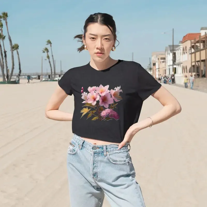 Vibrant Pink Flowers Flowy Cropped Tee