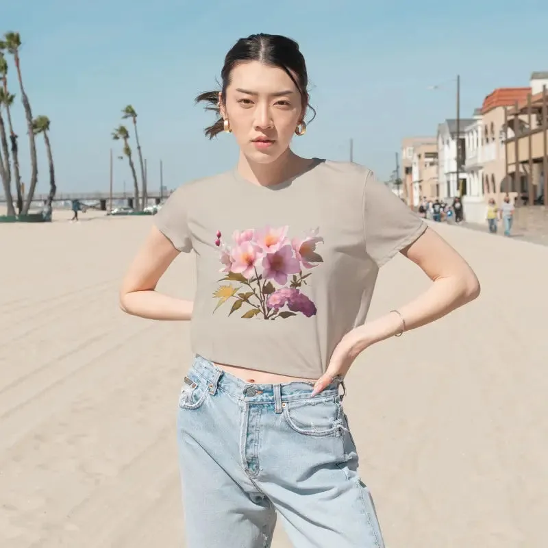 Vibrant Pink Flowers Flowy Cropped Tee