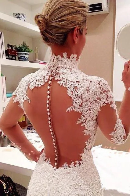 Vintage Lace Wedding Dress with Sheer Long Sleeves
