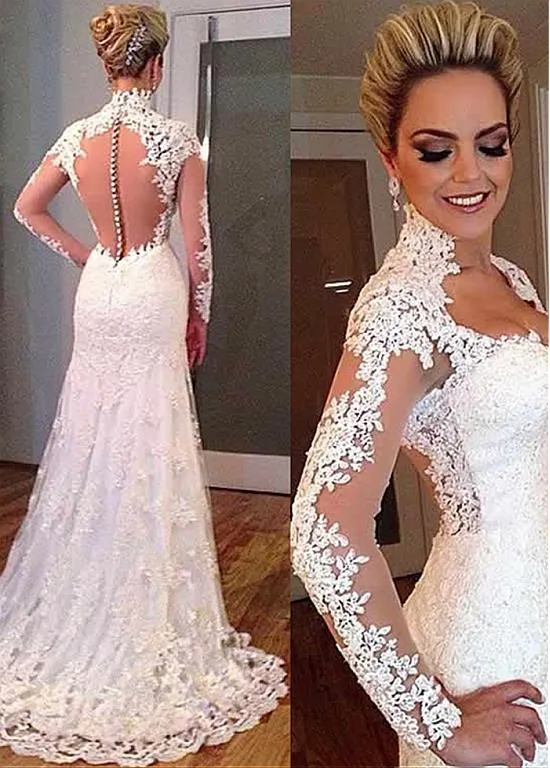 Vintage Lace Wedding Dress with Sheer Long Sleeves