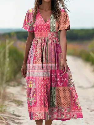 Vintage V-neck Bohemian Floral Print Elegant Chic Loose Midi Dress