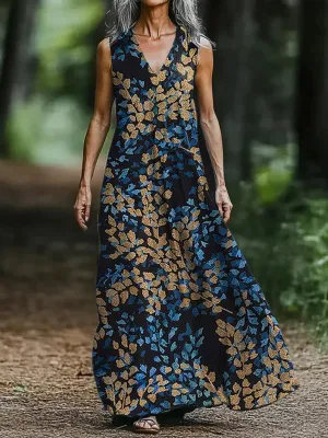 Vintage V-neck Bohemian Floral Print Elegant Chic Loose Midi Dress