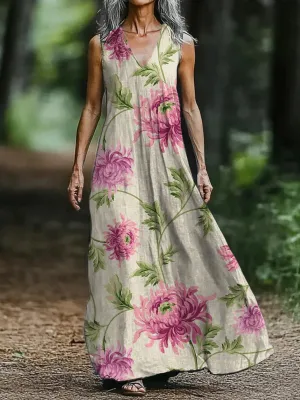 Vintage V-neck Bohemian Floral Print Elegant Chic Loose Midi Dress