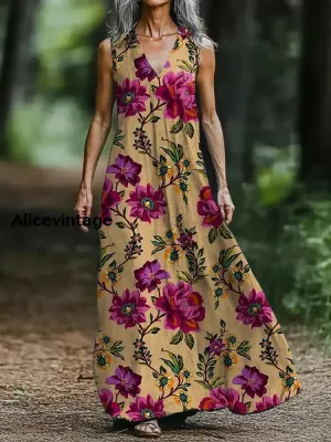 Vintage V-neck Bohemian Floral Print Elegant Chic Loose Midi Dress