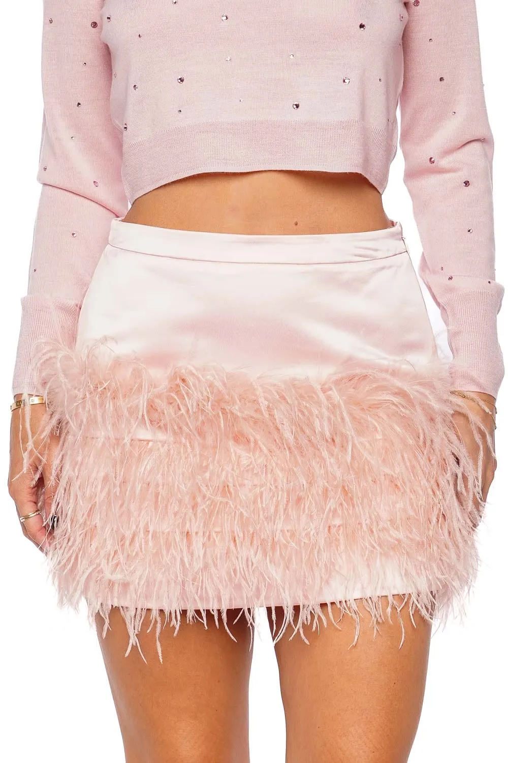 Vivette Party Pink Feathered Mini Skirt