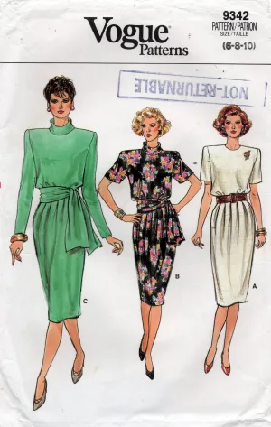 Vogue 9342 Womens Dress with Pleated Skirt 1980s Vintage Sewing Pattern Size 6 & 8
