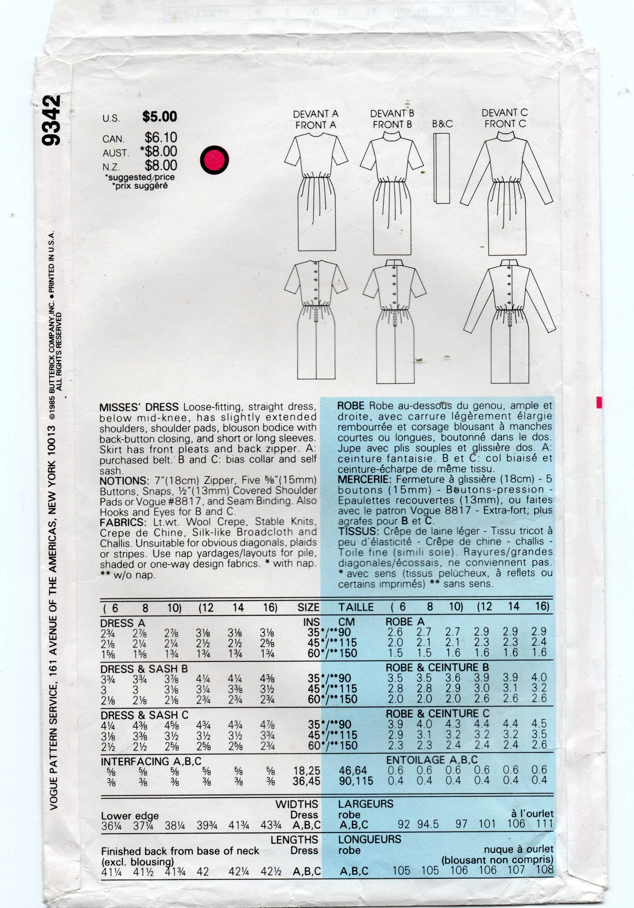 Vogue 9342 Womens Dress with Pleated Skirt 1980s Vintage Sewing Pattern Size 6 & 8