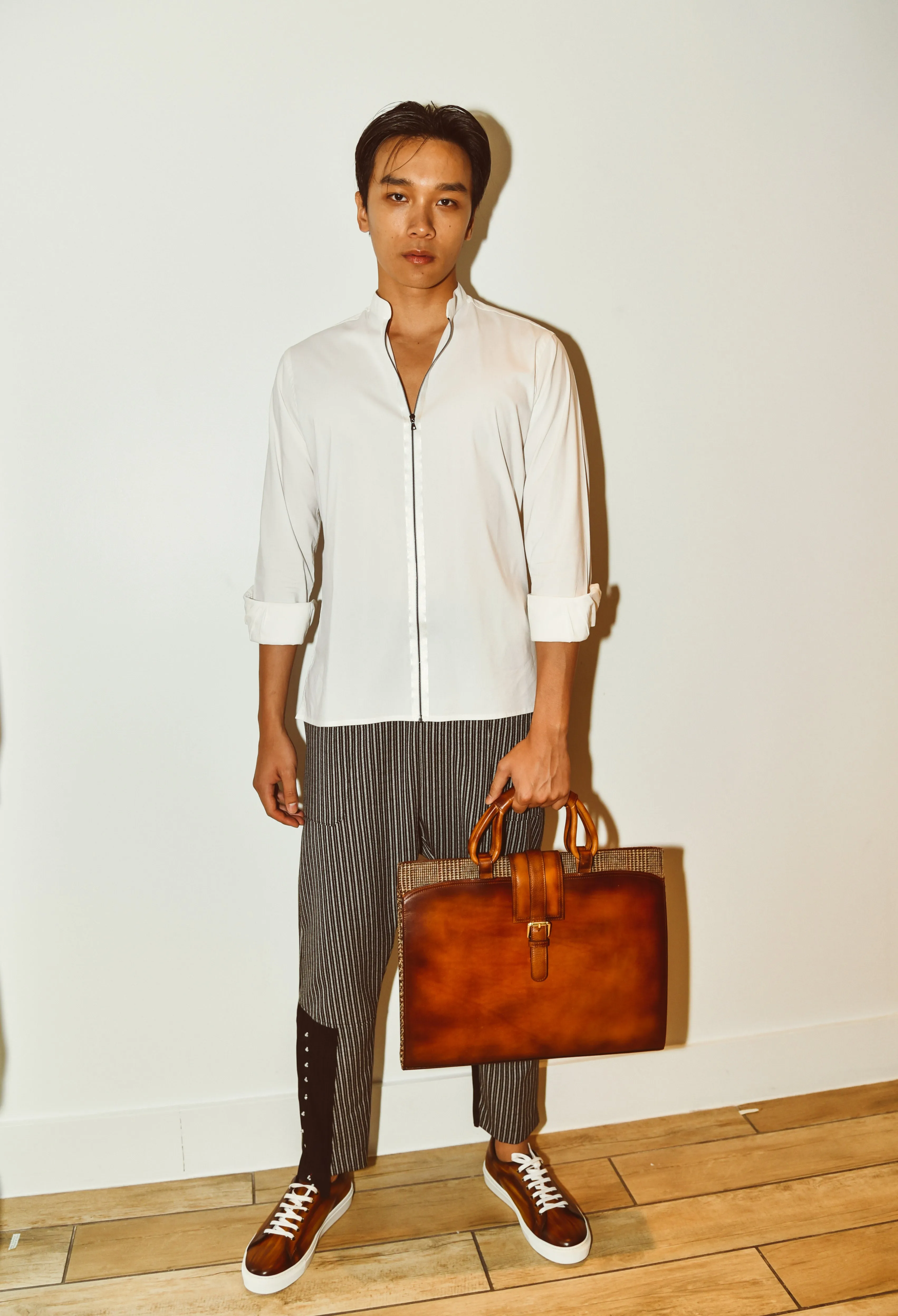 White Zipper Shirt with Mandarin Collar