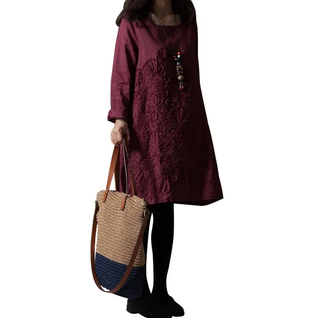Women Autumn Dress Elegant O-neck Long Sleeve  Plus Size
