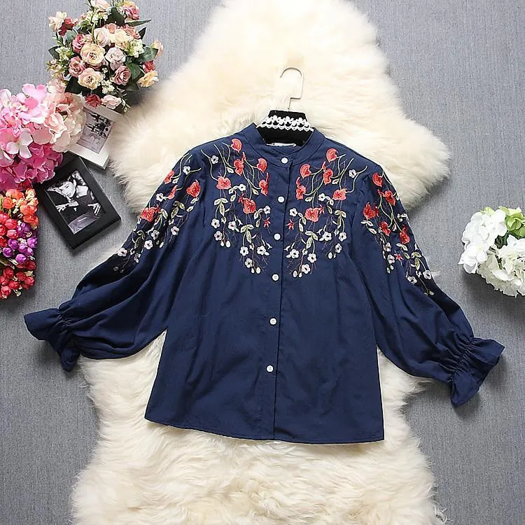 Women Floral Shirts Long-sleeved Embroidered Flowers Girls Sweet Cotton Shirts Good