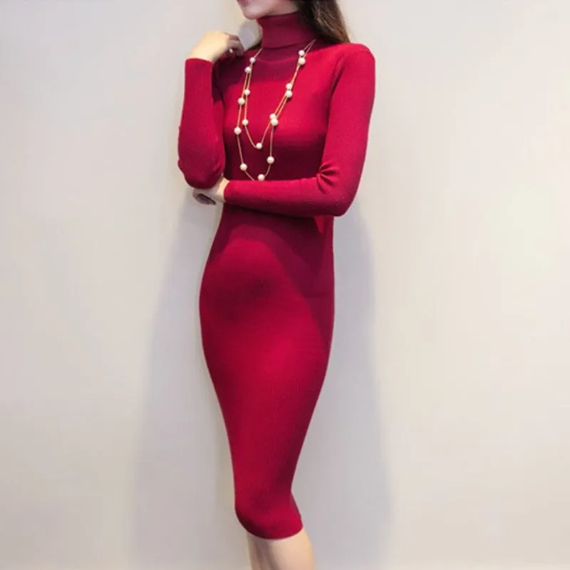 women winter sweater dresses slim Turtleneck long knitted dress sexy bodycon robe dress D019