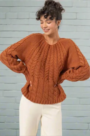 Women's Cable-Knit Round Neck Raglan Sleeve Sweater | Cozy Cotton-Acrylic Blend for Winter Style