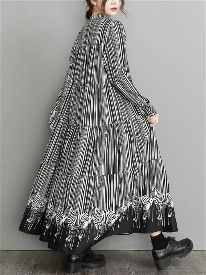 Women's French Style Stripe Zebra Print Long Dress