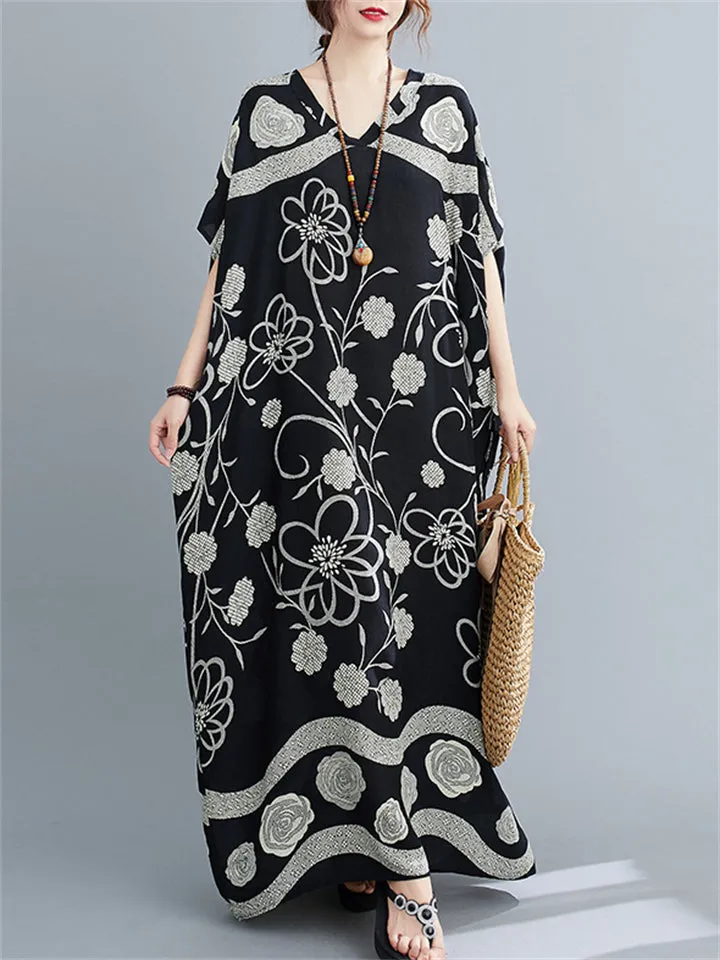 Women's Loose Bohemia Style V Neck Dresses