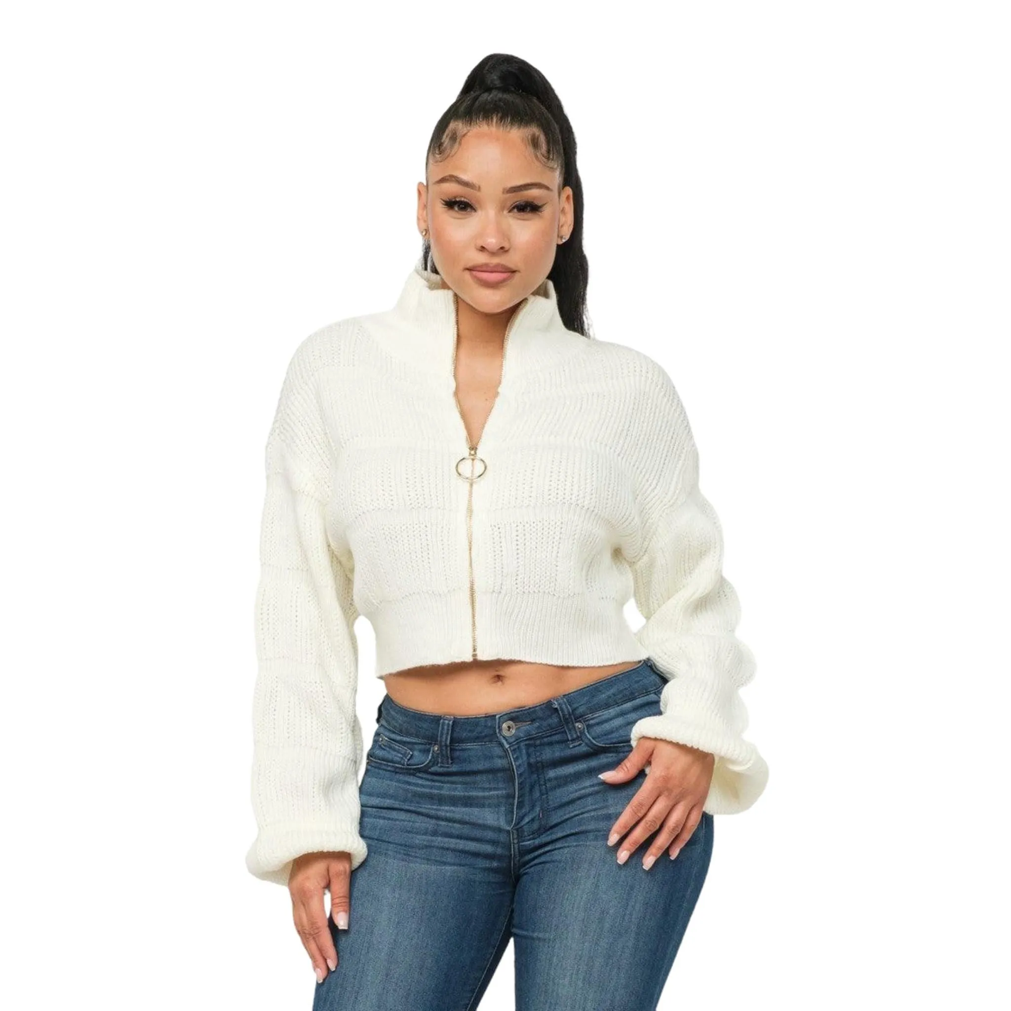 Women's Michelin White Sweater Top with Zipper - Cozy Elegance Unleashed!