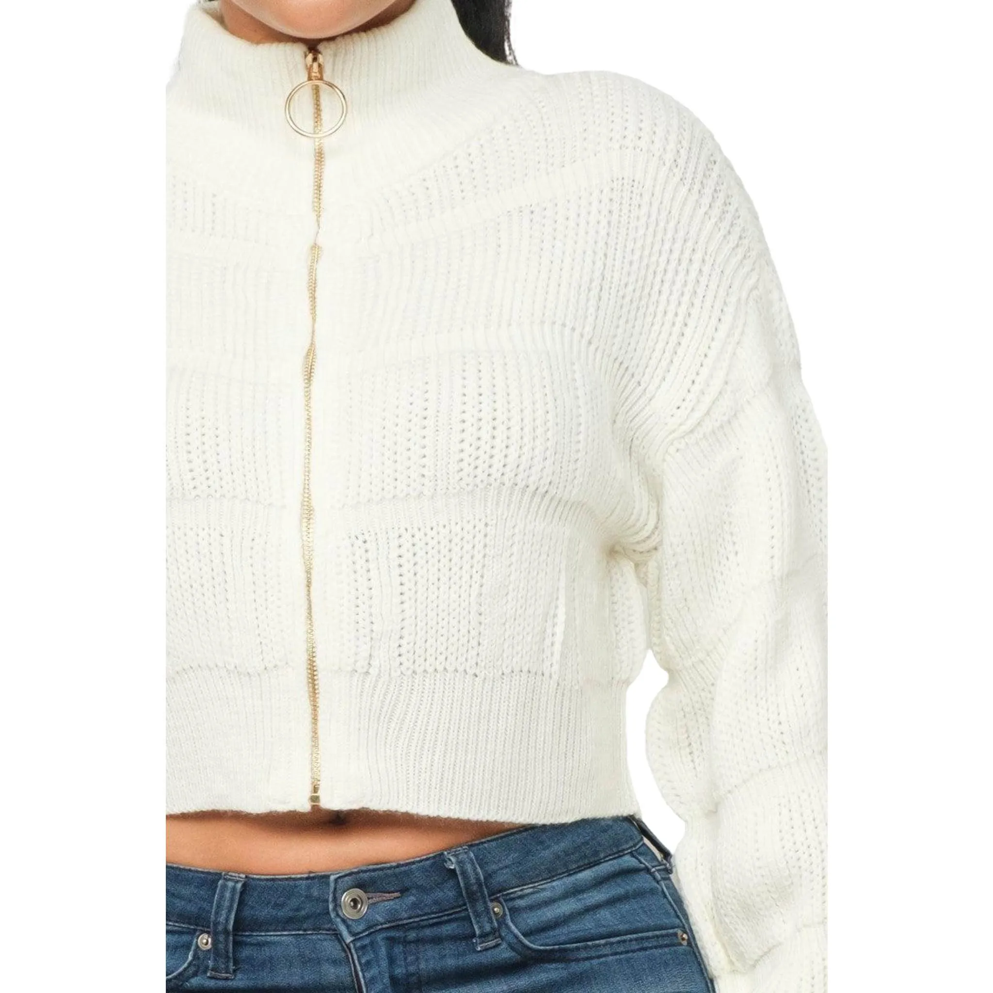 Women's Michelin White Sweater Top with Zipper - Cozy Elegance Unleashed!