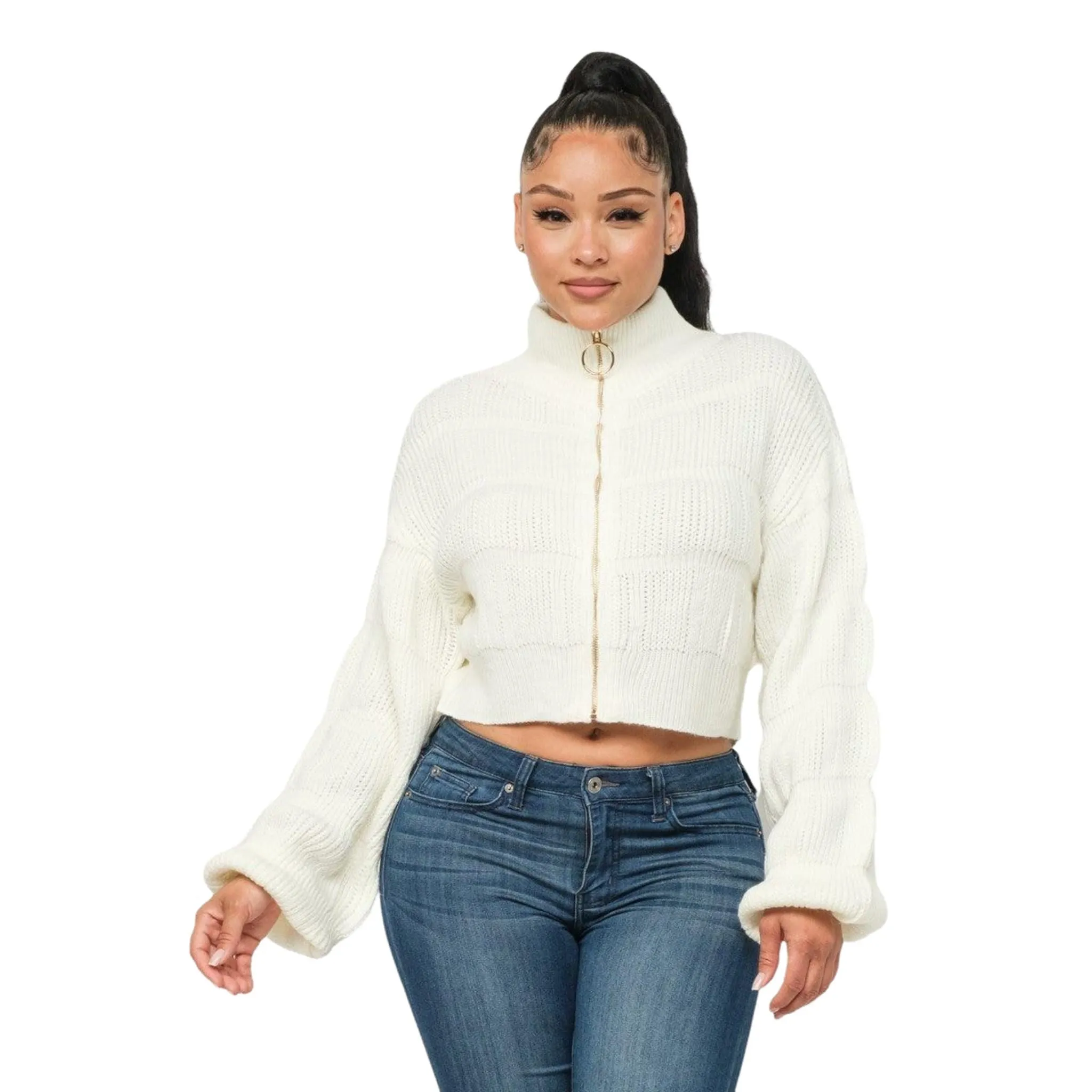 Women's Michelin White Sweater Top with Zipper - Cozy Elegance Unleashed!