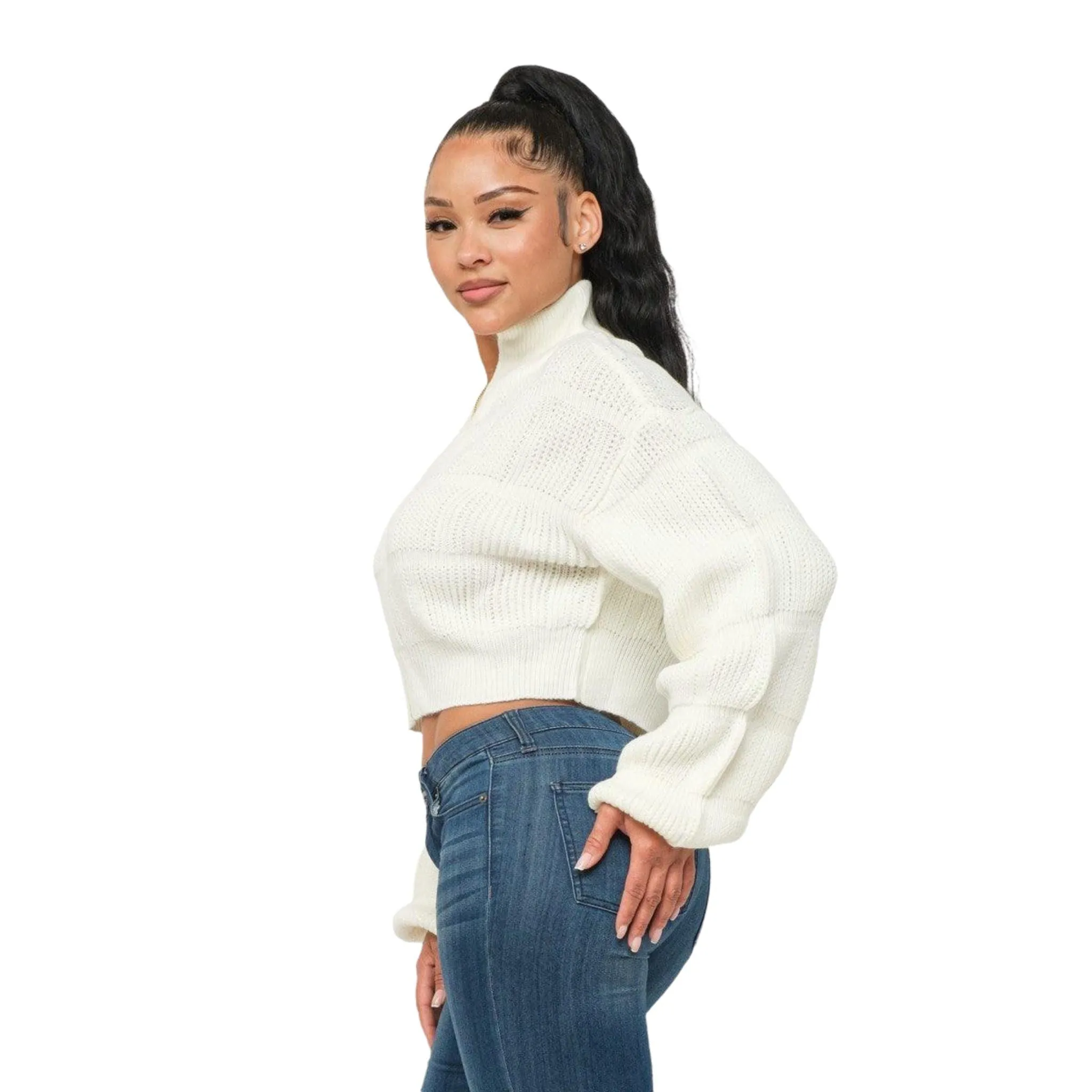 Women's Michelin White Sweater Top with Zipper - Cozy Elegance Unleashed!