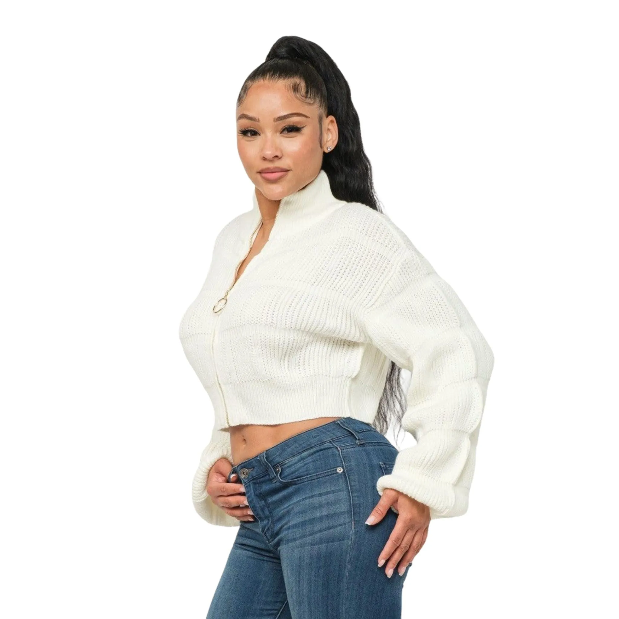 Women's Michelin White Sweater Top with Zipper - Cozy Elegance Unleashed!
