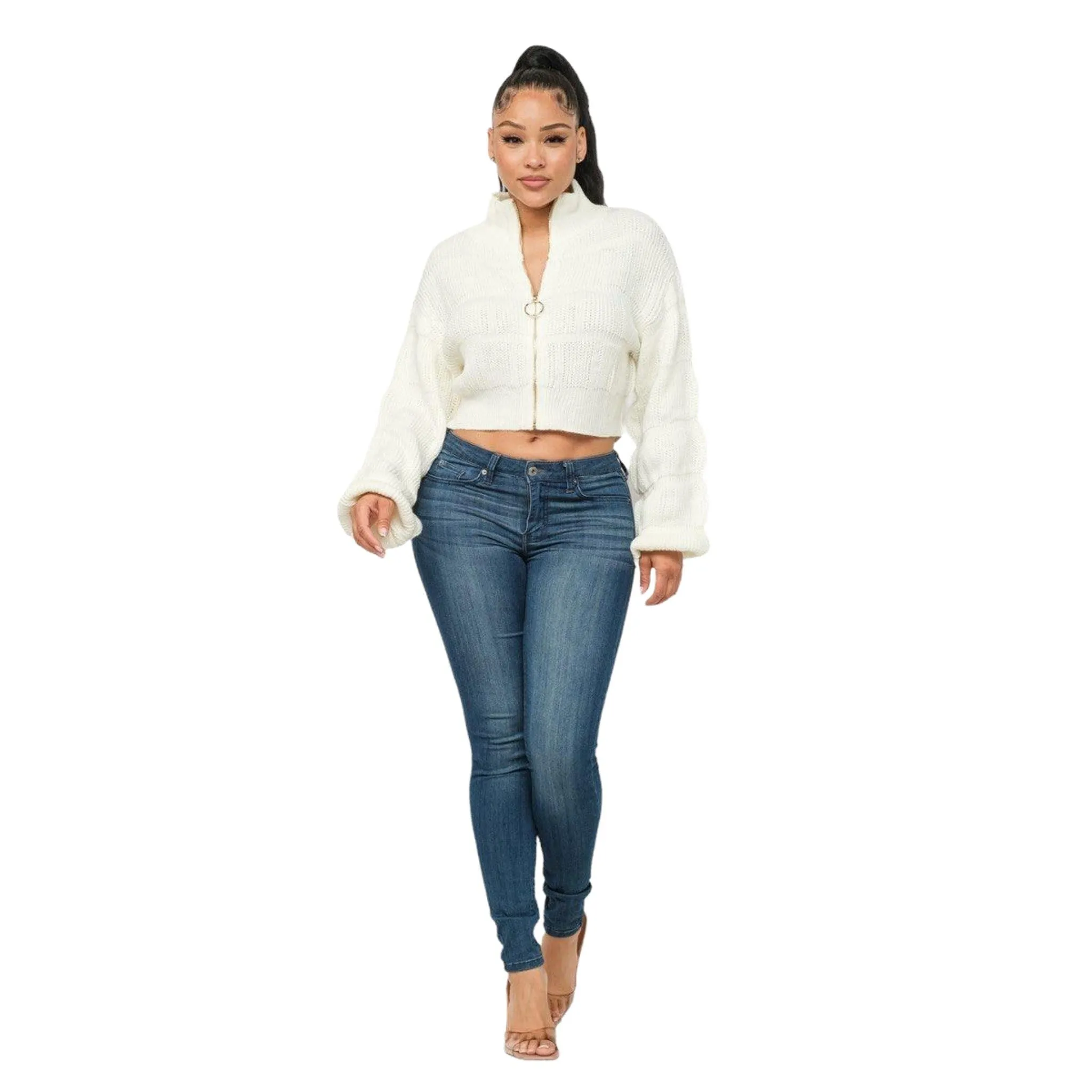 Women's Michelin White Sweater Top with Zipper - Cozy Elegance Unleashed!