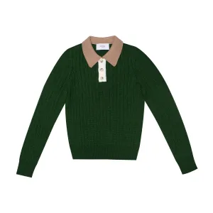 Wool Seamless Knit Poloshirt, Green and Beige