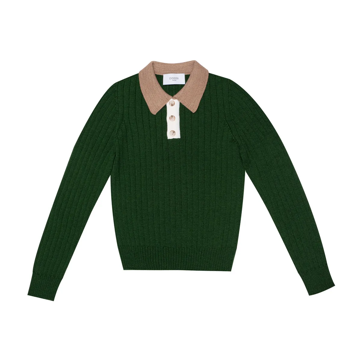 Wool Seamless Knit Poloshirt, Green and Beige