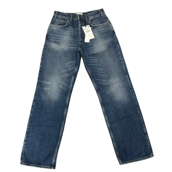 Zara The High Waist Slim Fit Straight Leg Button Fly Jeans Medium Blue SZ 8 NEW