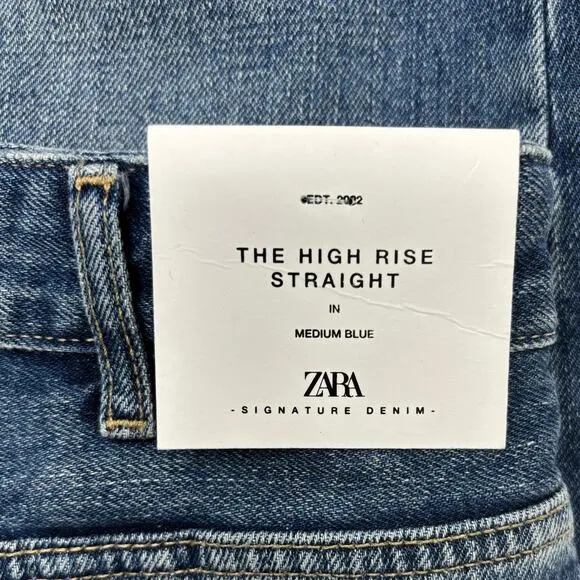 Zara The High Waist Slim Fit Straight Leg Button Fly Jeans Medium Blue SZ 8 NEW