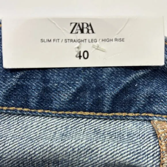 Zara The High Waist Slim Fit Straight Leg Button Fly Jeans Medium Blue SZ 8 NEW