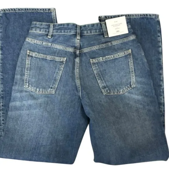 Zara The High Waist Slim Fit Straight Leg Button Fly Jeans Medium Blue SZ 8 NEW