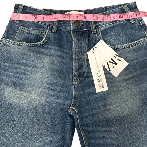 Zara The High Waist Slim Fit Straight Leg Button Fly Jeans Medium Blue SZ 8 NEW